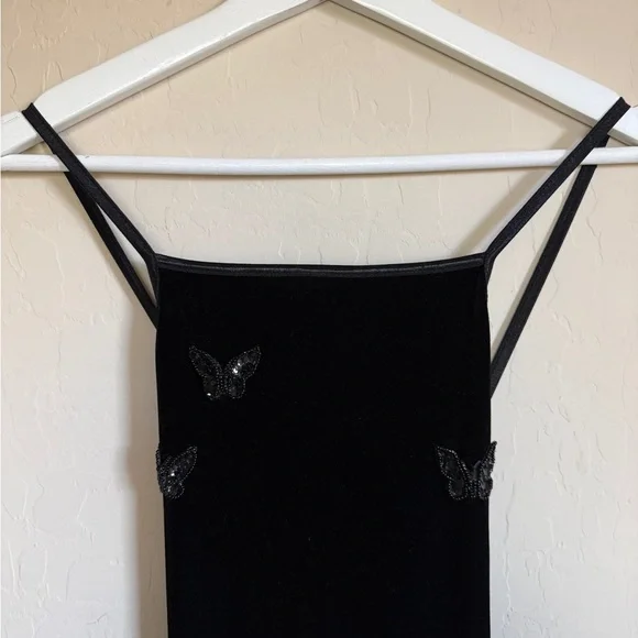 City Triangles Y2K 90s Black Velvet Maxi Dress Butterfly Beaded Side Slit - Picture 3 of 12